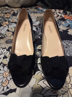 Prada Black Patent Leather Bow Peep-Toe Heels